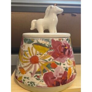 Opalhouse Floral Stoneware trinket fish with Unicorn Lid Gold Horn